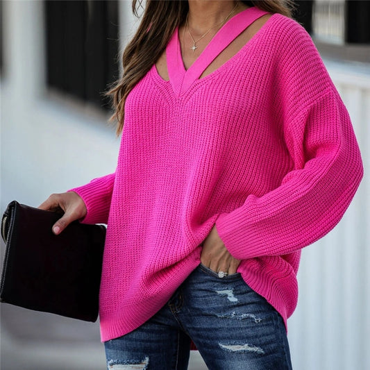 Fitshinling V Neck Casual Women Pulovers Sweaters Boho Holiday Knitwear Sweater Oversize Long Sleeve Solid Jumper Top Winter New