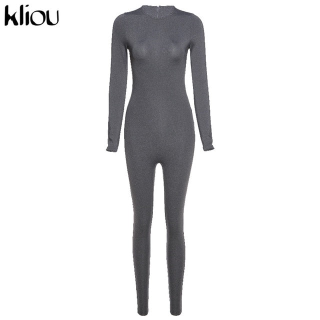 Kliou solid black/gray long sleeve skiing  jumpsuit women elastic hight outfit fashion fitness sportwear slim rompers streetwear