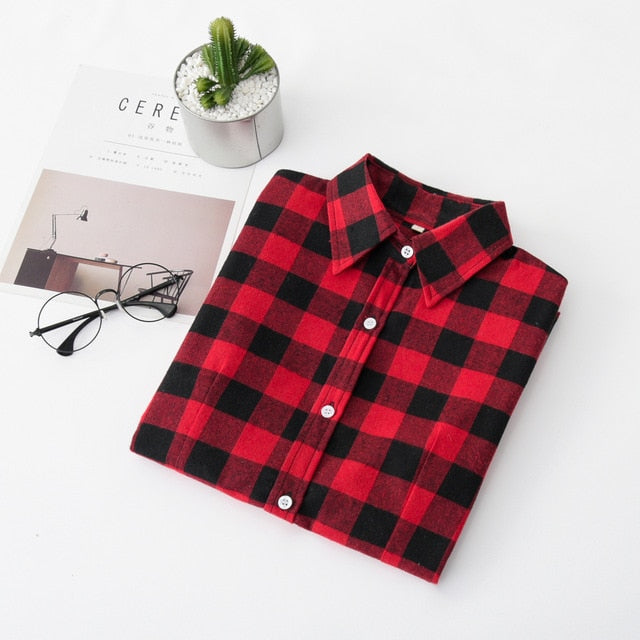 2021 Women Blouses Brand New Excellent Quality Flannel Red Plaid Shirt Women Cotton Casual Long Sleeve Shirt Tops Lady Clothes