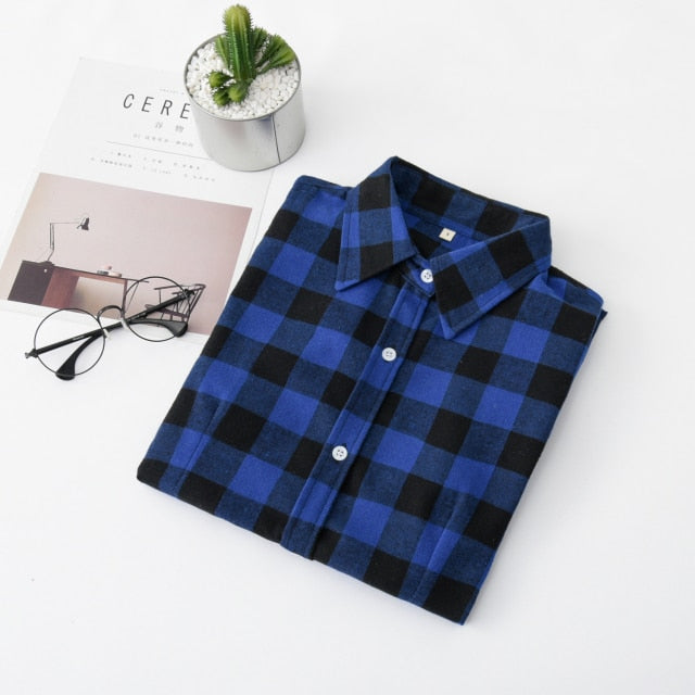 2021 Women Blouses Brand New Excellent Quality Flannel Red Plaid Shirt Women Cotton Casual Long Sleeve Shirt Tops Lady Clothes