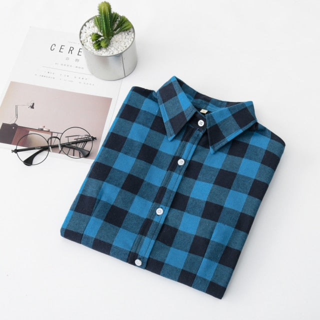 2021 Women Blouses Brand New Excellent Quality Flannel Red Plaid Shirt Women Cotton Casual Long Sleeve Shirt Tops Lady Clothes