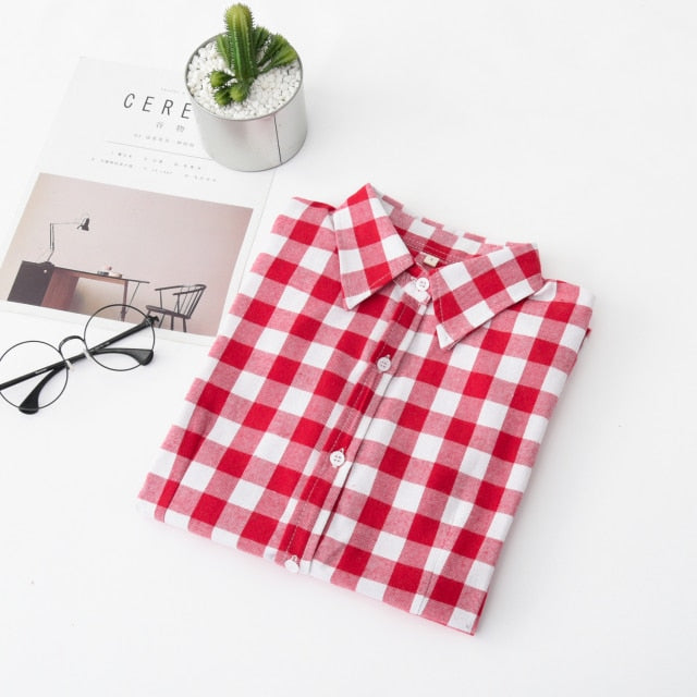 2021 Women Blouses Brand New Excellent Quality Flannel Red Plaid Shirt Women Cotton Casual Long Sleeve Shirt Tops Lady Clothes