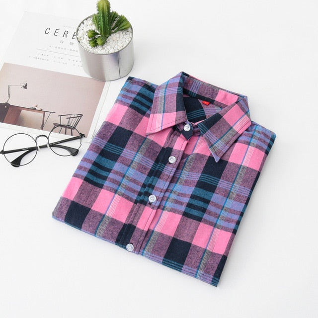 2021 Women Blouses Brand New Excellent Quality Flannel Red Plaid Shirt Women Cotton Casual Long Sleeve Shirt Tops Lady Clothes