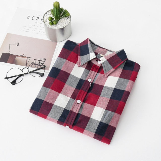 2021 Women Blouses Brand New Excellent Quality Flannel Red Plaid Shirt Women Cotton Casual Long Sleeve Shirt Tops Lady Clothes