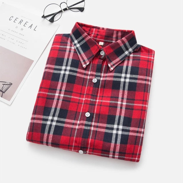 2021 Women Blouses Brand New Excellent Quality Flannel Red Plaid Shirt Women Cotton Casual Long Sleeve Shirt Tops Lady Clothes