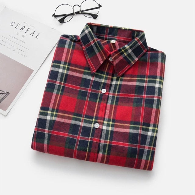 2021 Women Blouses Brand New Excellent Quality Flannel Red Plaid Shirt Women Cotton Casual Long Sleeve Shirt Tops Lady Clothes