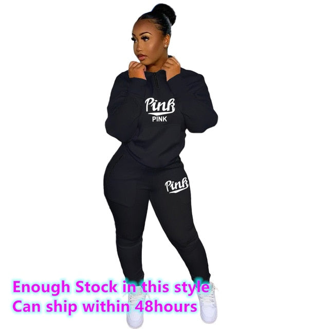 Winter Tracksuits Suits Two Piece Set Women Pink Letter Print Sport Casual Outfits Zip Sweatshirt Top+Pants Set Women Sweat Suit