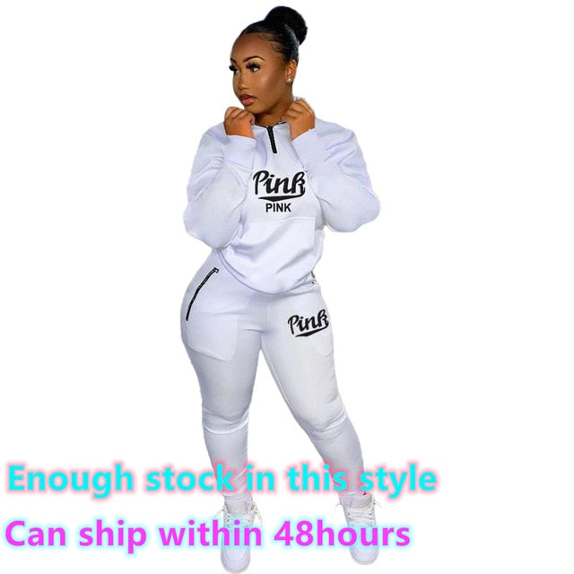 Winter Tracksuits Suits Two Piece Set Women Pink Letter Print Sport Casual Outfits Zip Sweatshirt Top+Pants Set Women Sweat Suit