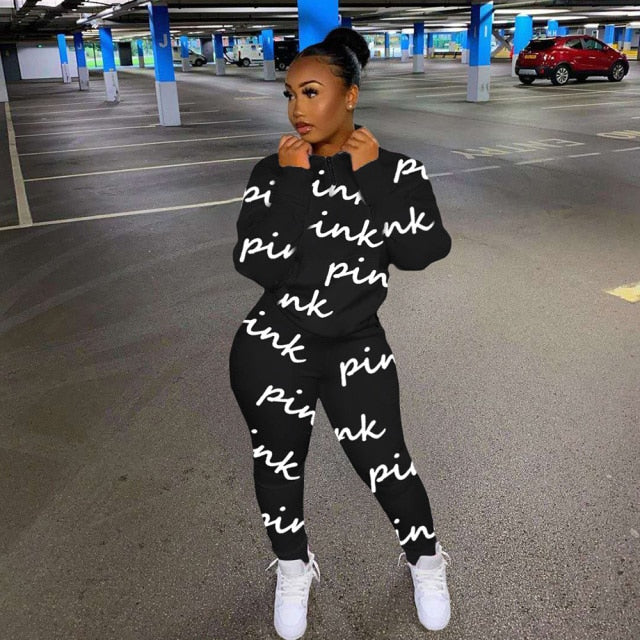 Winter Tracksuits Suits Two Piece Set Women Pink Letter Print Sport Casual Outfits Zip Sweatshirt Top+Pants Set Women Sweat Suit