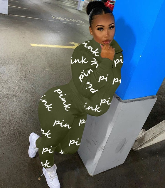 Winter Tracksuits Suits Two Piece Set Women Pink Letter Print Sport Casual Outfits Zip Sweatshirt Top+Pants Set Women Sweat Suit