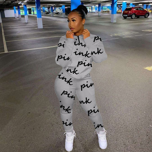 Winter Tracksuits Suits Two Piece Set Women Pink Letter Print Sport Casual Outfits Zip Sweatshirt Top+Pants Set Women Sweat Suit