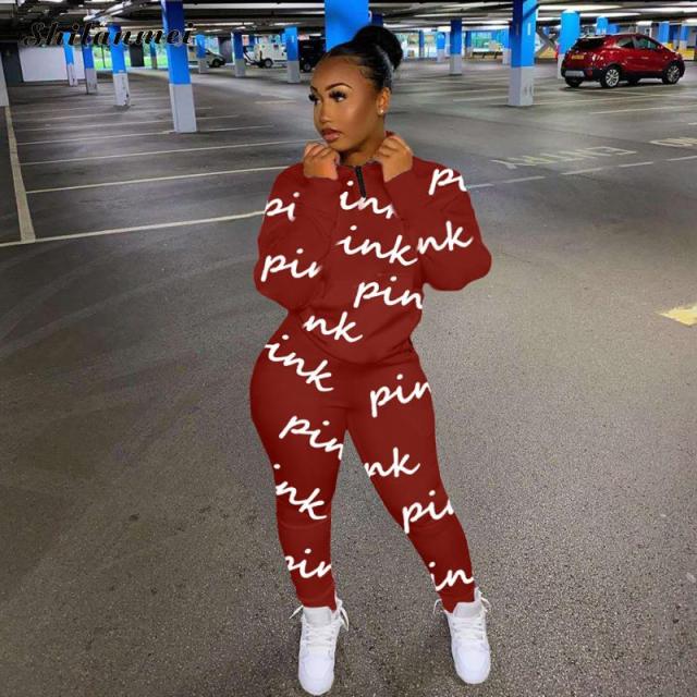 Winter Tracksuits Suits Two Piece Set Women Pink Letter Print Sport Casual Outfits Zip Sweatshirt Top+Pants Set Women Sweat Suit