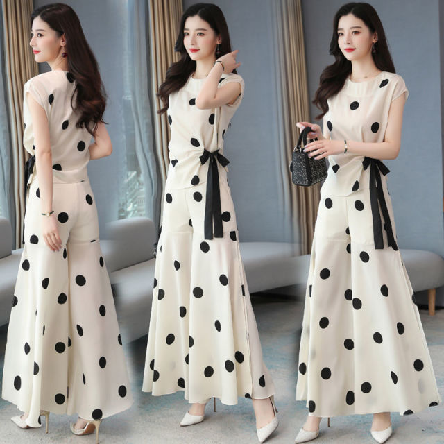 Women's Chiffon Wide Leg Pants Skirt Suit Polka Dot For Women Sport 2021 Summer Top New Foreign Fashion Two Piece Clothing Set