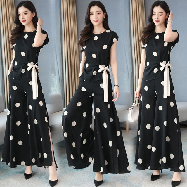 Women's Chiffon Wide Leg Pants Skirt Suit Polka Dot For Women Sport 2021 Summer Top New Foreign Fashion Two Piece Clothing Set