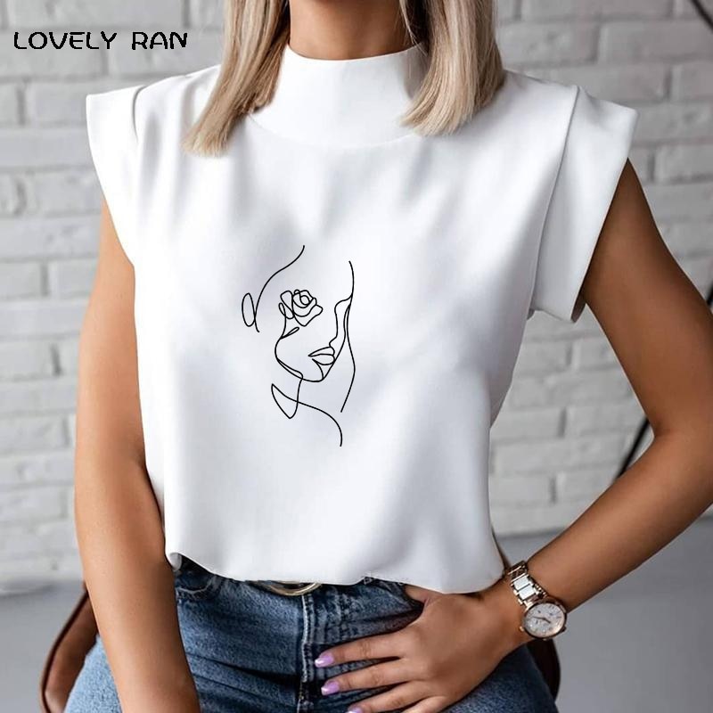 Women's Blouse Thin Abstract Art Rose Face Print O-Neck Short Sleeve White Female Casual Shirt Slim 2021 Summer Office Lady Tops