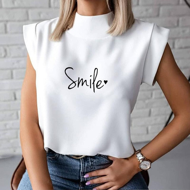 Women's Blouse Thin Abstract Art Rose Face Print O-Neck Short Sleeve White Female Casual Shirt Slim 2021 Summer Office Lady Tops