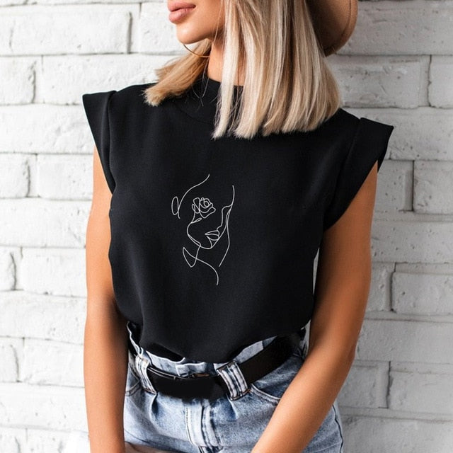 Women's Blouse Thin Abstract Art Rose Face Print O-Neck Short Sleeve White Female Casual Shirt Slim 2021 Summer Office Lady Tops