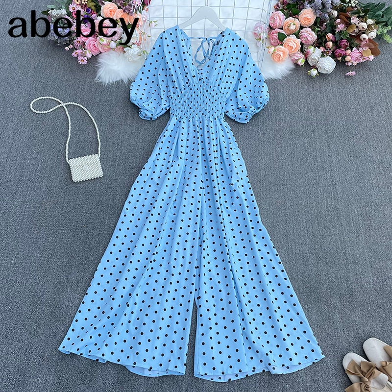 Summer dot holiday casual wide leg jumpsuits V Neck Puff Sleeve Waist Elastic  Rompers loose beach long playsuits