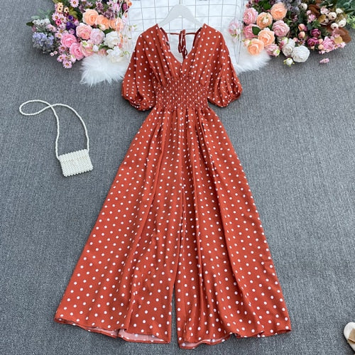 Summer dot holiday casual wide leg jumpsuits V Neck Puff Sleeve Waist Elastic  Rompers loose beach long playsuits