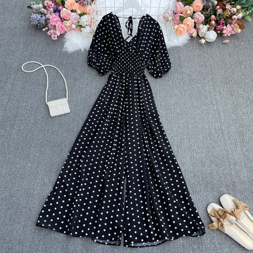 Summer dot holiday casual wide leg jumpsuits V Neck Puff Sleeve Waist Elastic  Rompers loose beach long playsuits