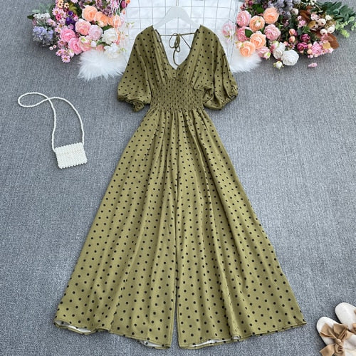 Summer dot holiday casual wide leg jumpsuits V Neck Puff Sleeve Waist Elastic  Rompers loose beach long playsuits