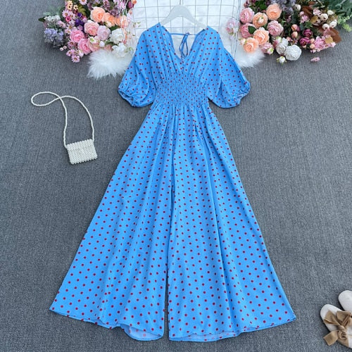 Summer dot holiday casual wide leg jumpsuits V Neck Puff Sleeve Waist Elastic  Rompers loose beach long playsuits