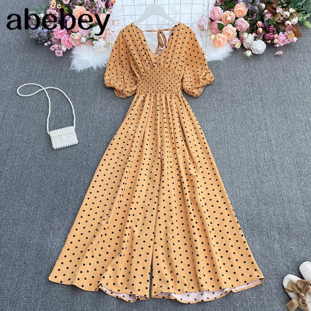 Summer dot holiday casual wide leg jumpsuits V Neck Puff Sleeve Waist Elastic  Rompers loose beach long playsuits