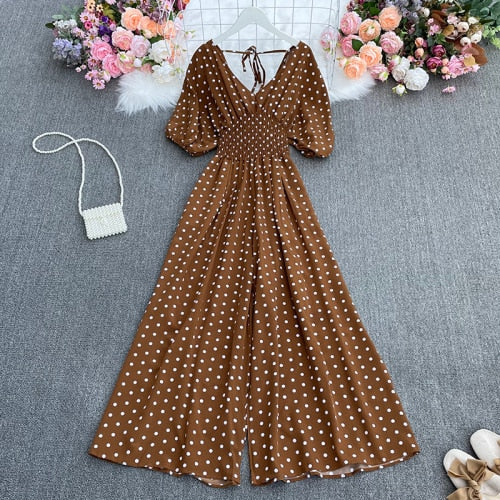 Summer dot holiday casual wide leg jumpsuits V Neck Puff Sleeve Waist Elastic  Rompers loose beach long playsuits