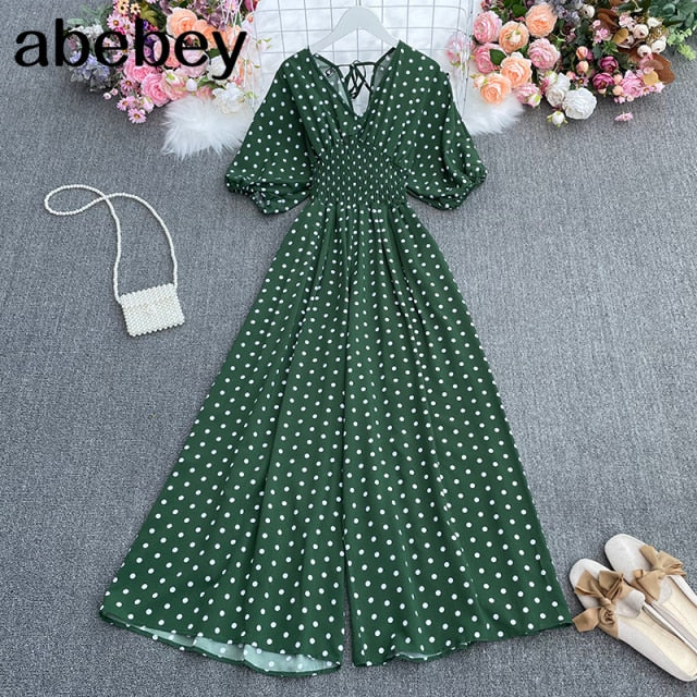 Summer dot holiday casual wide leg jumpsuits V Neck Puff Sleeve Waist Elastic  Rompers loose beach long playsuits