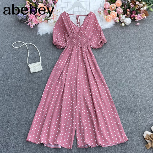 Summer dot holiday casual wide leg jumpsuits V Neck Puff Sleeve Waist Elastic  Rompers loose beach long playsuits