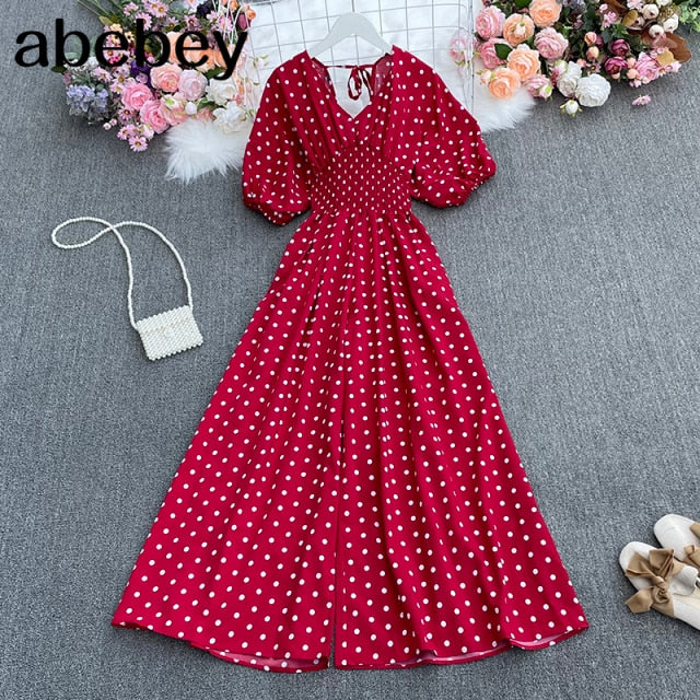 Summer dot holiday casual wide leg jumpsuits V Neck Puff Sleeve Waist Elastic  Rompers loose beach long playsuits