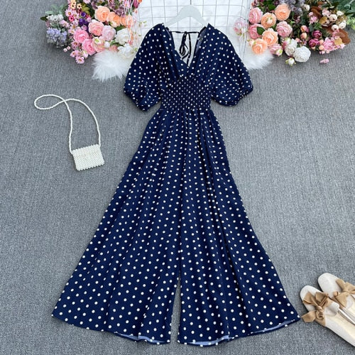 Summer dot holiday casual wide leg jumpsuits V Neck Puff Sleeve Waist Elastic  Rompers loose beach long playsuits