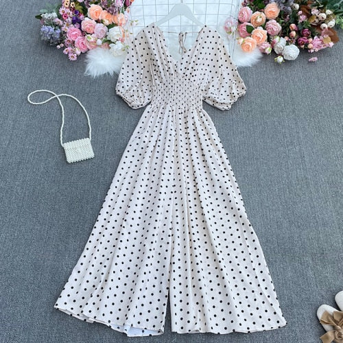 Summer dot holiday casual wide leg jumpsuits V Neck Puff Sleeve Waist Elastic  Rompers loose beach long playsuits