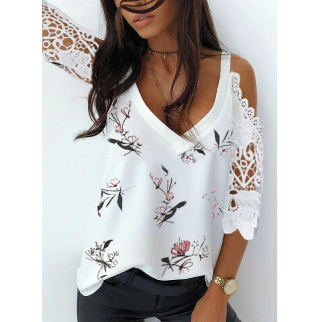 Off Shoulder Half Sleeve Blouse Women Shirt New Summer Party Ladies Tops Plus Size Bare Shoulders V Neck Lace Sexy Blouses