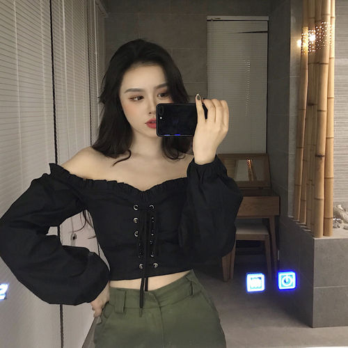 Womens Off Shoulder Top Long Sleeve Ruffle Vintage Blouse With Puff Sleeves Lace Up Ladies Tops Bandage Crop Tops Black White