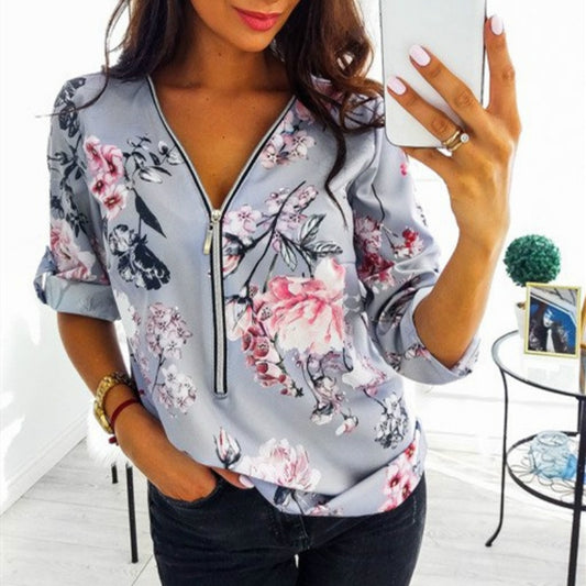 Zipper V-Neck Shirt S-5XL Plus Size Tops Work Women Blouses Cotton New Fashion Fit Vintage Floral Print Shirts Dot Mujer Blusas