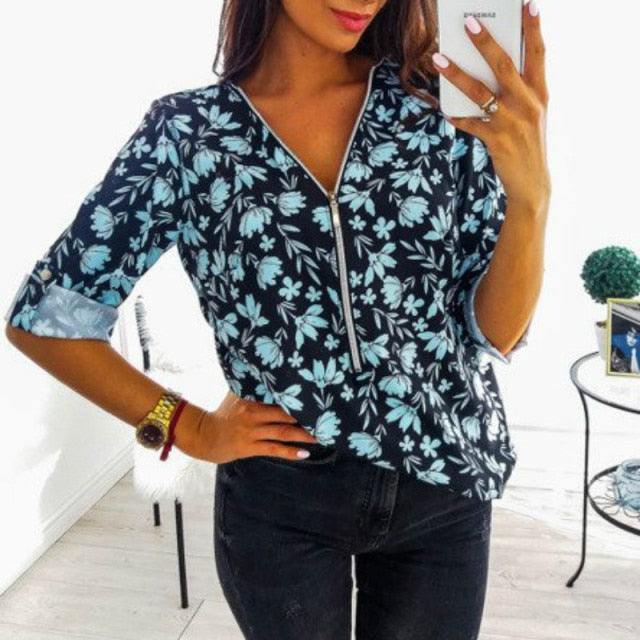 Zipper V-Neck Shirt S-5XL Plus Size Tops Work Women Blouses Cotton New Fashion Fit Vintage Floral Print Shirts Dot Mujer Blusas