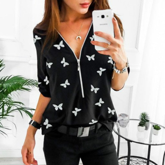 Zipper V-Neck Shirt S-5XL Plus Size Tops Work Women Blouses Cotton New Fashion Fit Vintage Floral Print Shirts Dot Mujer Blusas