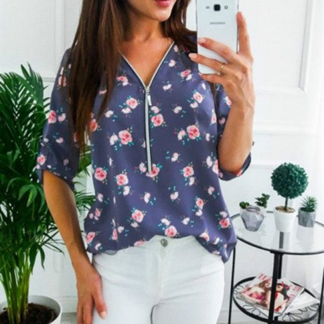 Zipper V-Neck Shirt S-5XL Plus Size Tops Work Women Blouses Cotton New Fashion Fit Vintage Floral Print Shirts Dot Mujer Blusas