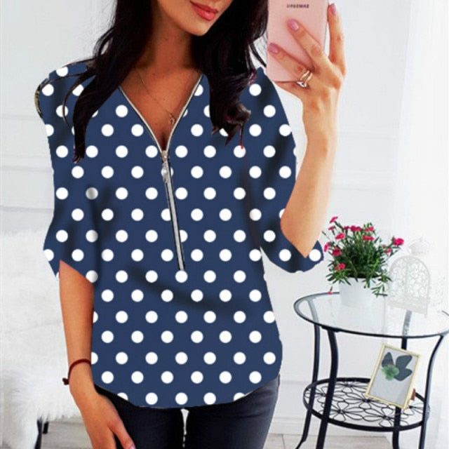 Zipper V-Neck Shirt S-5XL Plus Size Tops Work Women Blouses Cotton New Fashion Fit Vintage Floral Print Shirts Dot Mujer Blusas