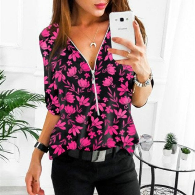 Zipper V-Neck Shirt S-5XL Plus Size Tops Work Women Blouses Cotton New Fashion Fit Vintage Floral Print Shirts Dot Mujer Blusas