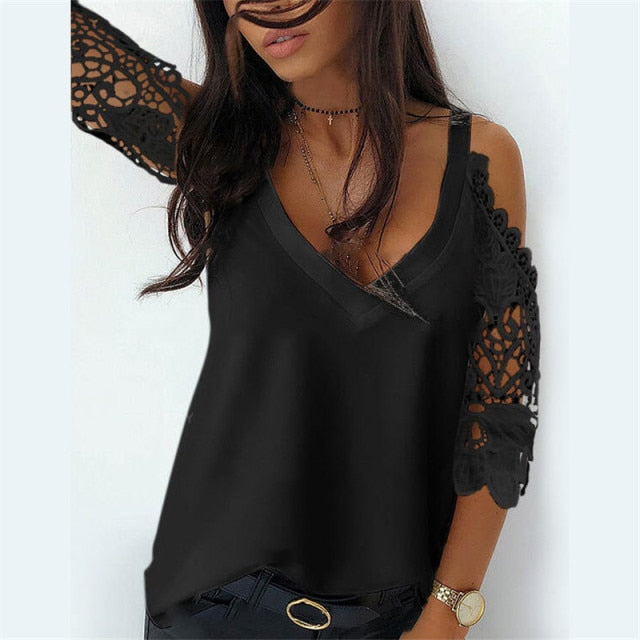 Off Shoulder Half Sleeve Blouse Women Shirt New Summer Party Ladies Tops Plus Size Bare Shoulders V Neck Lace Sexy Blouses