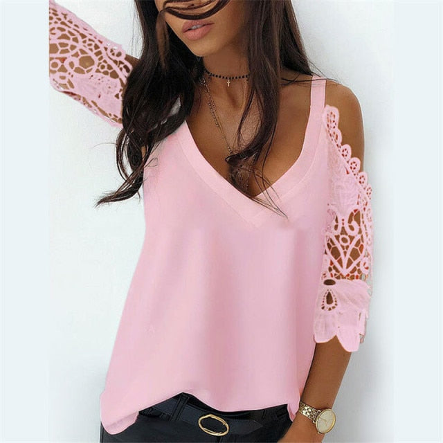 Off Shoulder Half Sleeve Blouse Women Shirt New Summer Party Ladies Tops Plus Size Bare Shoulders V Neck Lace Sexy Blouses