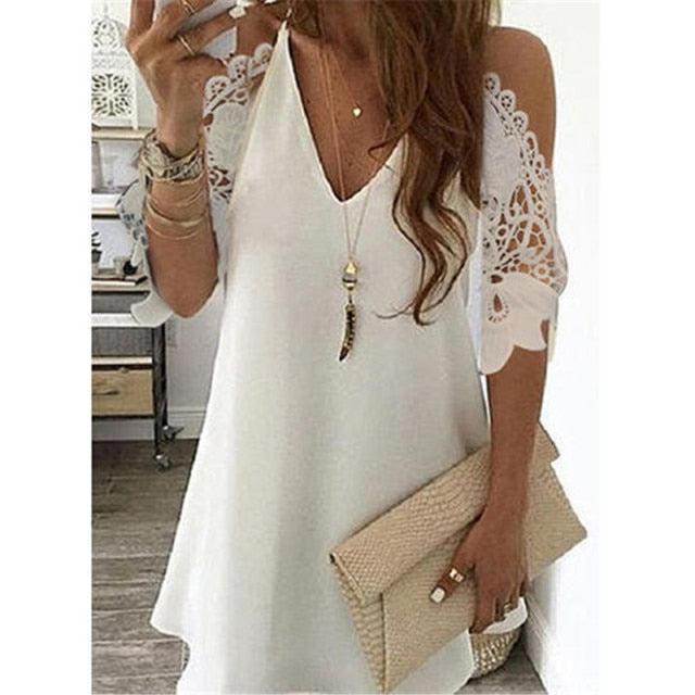 Off Shoulder Half Sleeve Blouse Women Shirt New Summer Party Ladies Tops Plus Size Bare Shoulders V Neck Lace Sexy Blouses