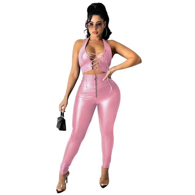 RT Casual Women PU Leather Tracksuit Two Pieces Set Tank Crop Top Long Legs Slit Pants 2 Pieces Set Faux Leather Sports Suit