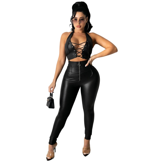 RT Casual Women PU Leather Tracksuit Two Pieces Set Tank Crop Top Long Legs Slit Pants 2 Pieces Set Faux Leather Sports Suit