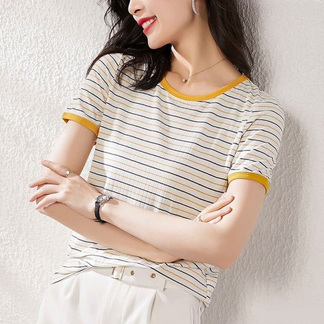 Women Fashion Black And White Striped Blouse Shirt Casual Long Sleeve O-neck Soft Korean Shirt Ladies Women T-Shirt Autumn 2021