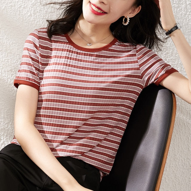 Women Black And White Stripes O Neck Casual Tops Long Sleeve Loose Pullover T-shirt 2021 Srping New Fashion Korea Shirt