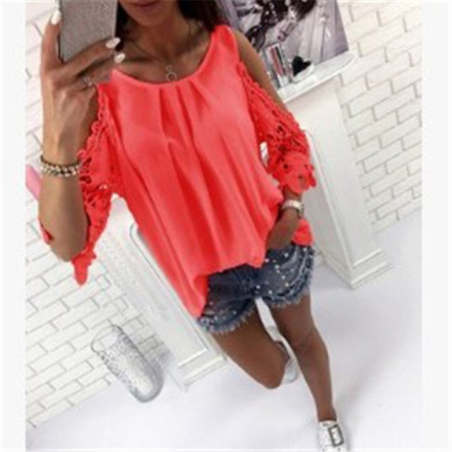 Off Shoulder Half Sleeve Blouse Women Shirt New Summer Party Ladies Tops Plus Size Bare Shoulders V Neck Lace Sexy Blouses