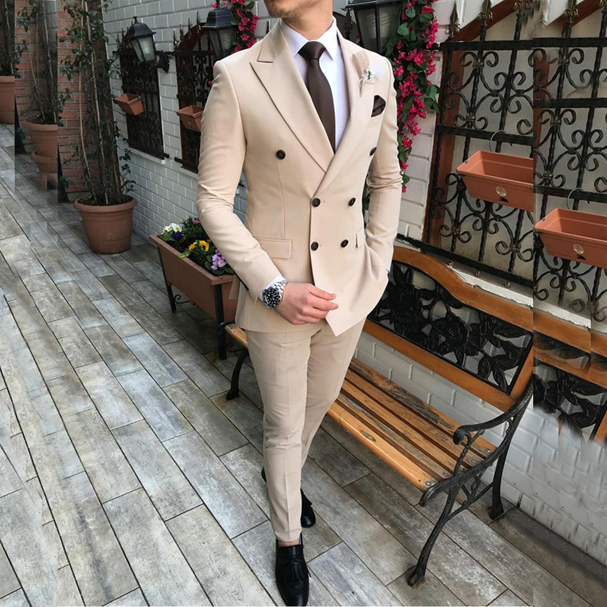 2020 New Beige Men's Suit 2 Pieces Double-Breasted Notch Lapel Flat Slim Fit Casual Tuxedos For Wedding(Blazer+Pants)